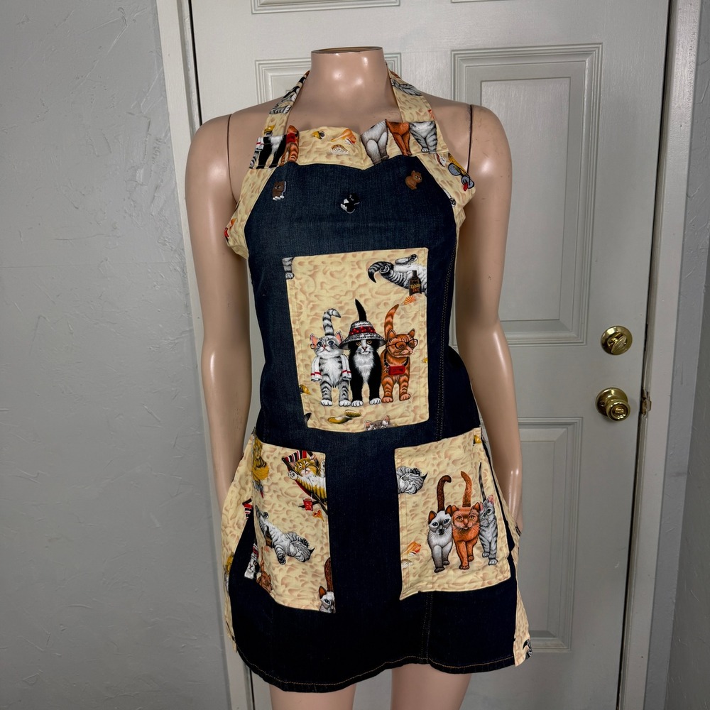 Handmade Apron Smock Pockets Cat Novelty Print Sleeveless Denim Kitty NN7